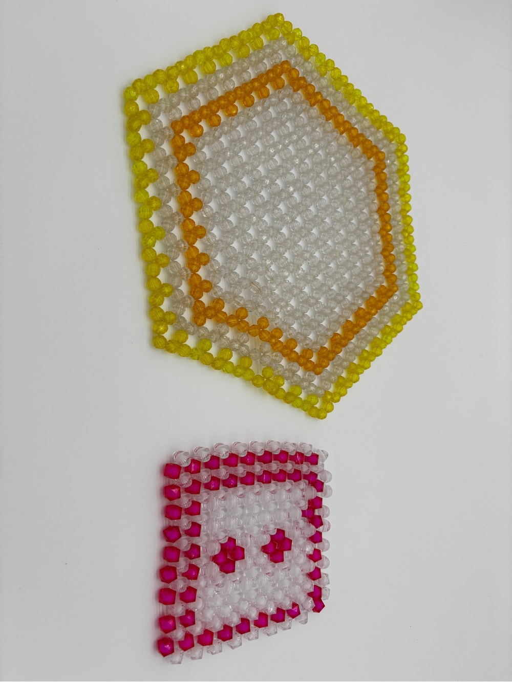 Vintage Beaded Hexagon and Square Coasters in Yellow, Orange, Clear and Pink